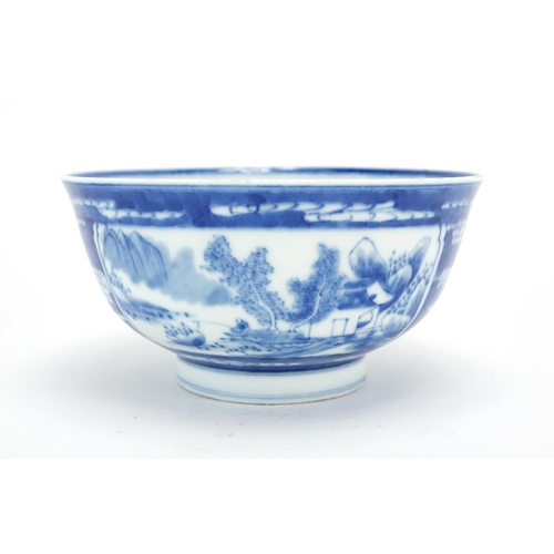 322 - Chinese blue and white porcelain footed bowl, hand painted with two panels of fishermen in a landsca... 