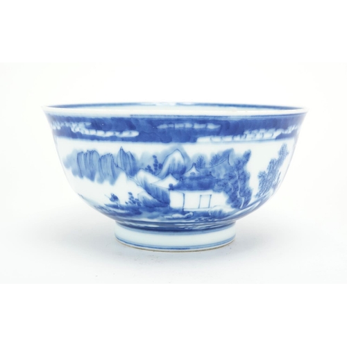 322 - Chinese blue and white porcelain footed bowl, hand painted with two panels of fishermen in a landsca... 