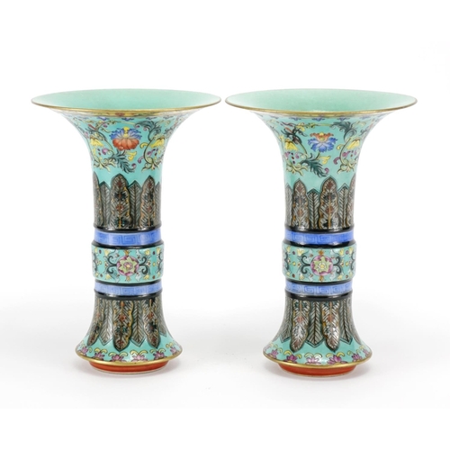 276 - Pair of Chinese porcelain Gu vases, each finely hand painted in the famille rose palette with flower... 