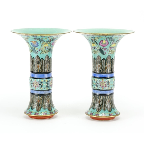 276 - Pair of Chinese porcelain Gu vases, each finely hand painted in the famille rose palette with flower... 