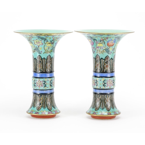 276 - Pair of Chinese porcelain Gu vases, each finely hand painted in the famille rose palette with flower... 
