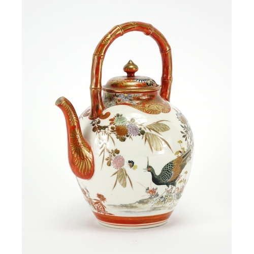 349 - Japanese Kutani porcelain teapot with simulated bamboo handle, hand painted with two peacocks amongs... 