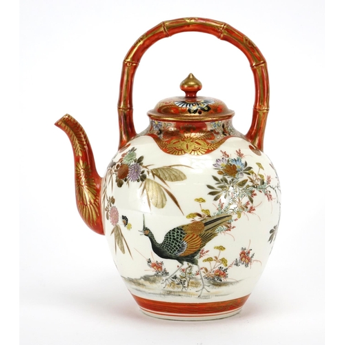 349 - Japanese Kutani porcelain teapot with simulated bamboo handle, hand painted with two peacocks amongs... 