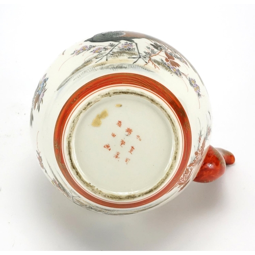 349 - Japanese Kutani porcelain teapot with simulated bamboo handle, hand painted with two peacocks amongs... 