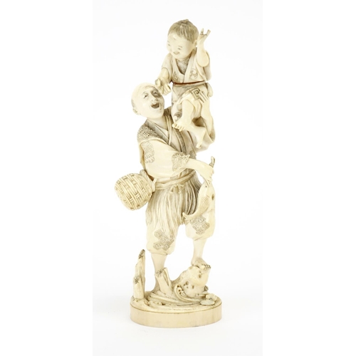 408 - Japanese carved ivory okimono of a fisherman with a child holding a crab, red inset character marks ... 