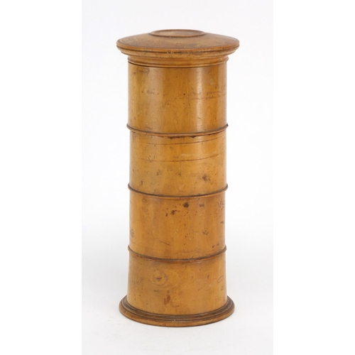 20 - 19th century cylindrical treen four section spice tower, 22cm high