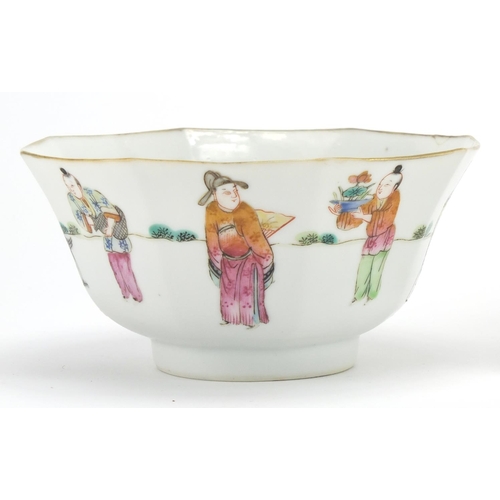 301 - Chinese porcelain comprising a octagonal bowl, hand painted in the famille rose palette with figures... 