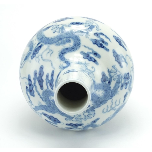 312 - Chinese blue and white porcelain vase hand painted with dragons chasing the flaming pearl amongst cl... 