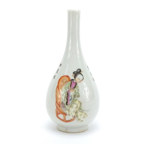 302 - Chinese porcelain bottle vase hand painted in the famille rose palette with a scholar and calligraph... 