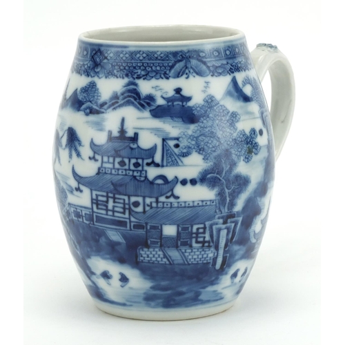 327 - Chinese blue and white porcelain barrel tankard, hand painted with a continuous river landscape, 15c... 