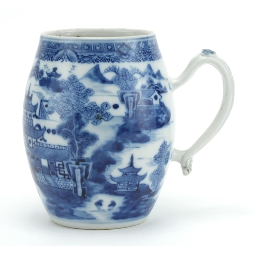 327 - Chinese blue and white porcelain barrel tankard, hand painted with a continuous river landscape, 15c... 