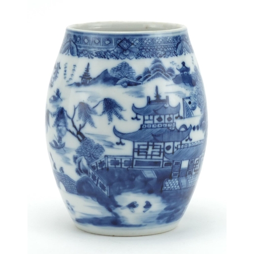 327 - Chinese blue and white porcelain barrel tankard, hand painted with a continuous river landscape, 15c... 