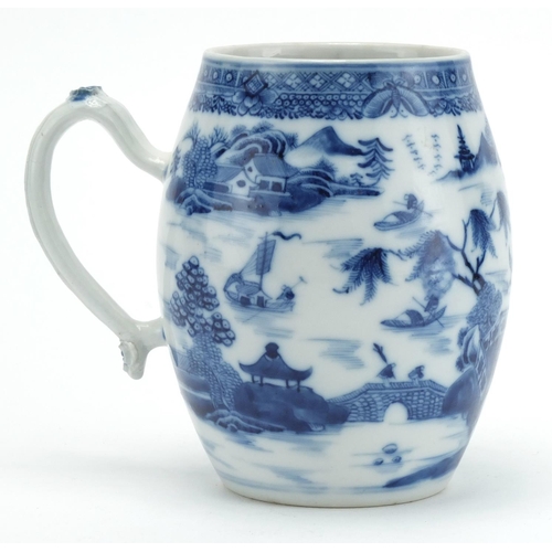 327 - Chinese blue and white porcelain barrel tankard, hand painted with a continuous river landscape, 15c... 