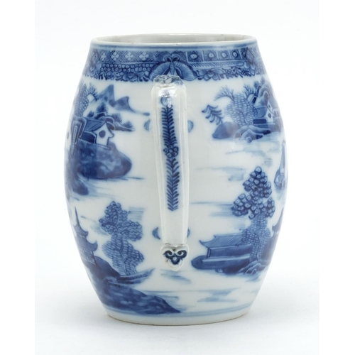 327 - Chinese blue and white porcelain barrel tankard, hand painted with a continuous river landscape, 15c... 