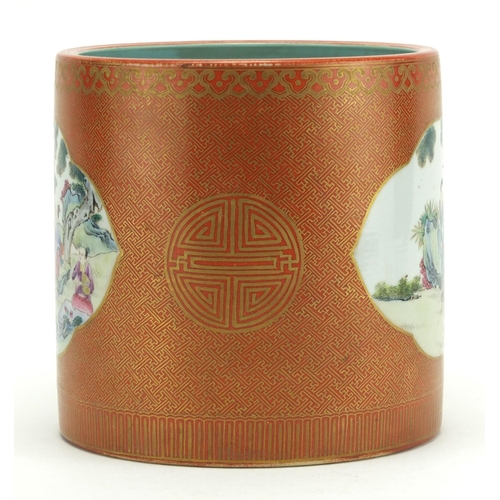 274 - Chinese porcelain cylindrical brush pot, hand painted in the famille rose palette with two panels of... 