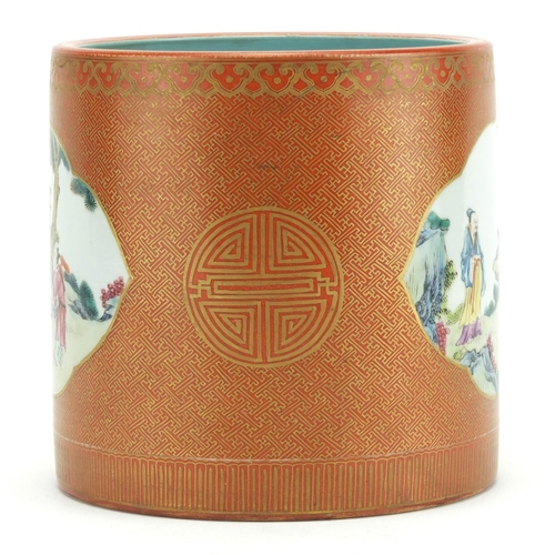 274 - Chinese porcelain cylindrical brush pot, hand painted in the famille rose palette with two panels of... 