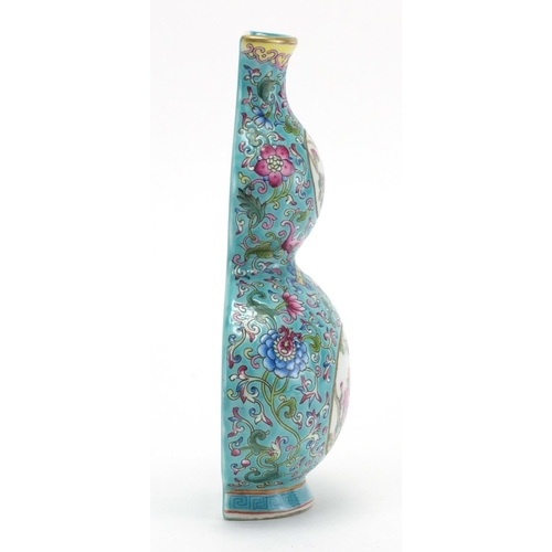 305 - Chinese porcelain double gourd vase wall pocket, finely hand painted in the famille rose with a bat ... 