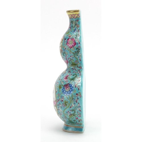 305 - Chinese porcelain double gourd vase wall pocket, finely hand painted in the famille rose with a bat ... 