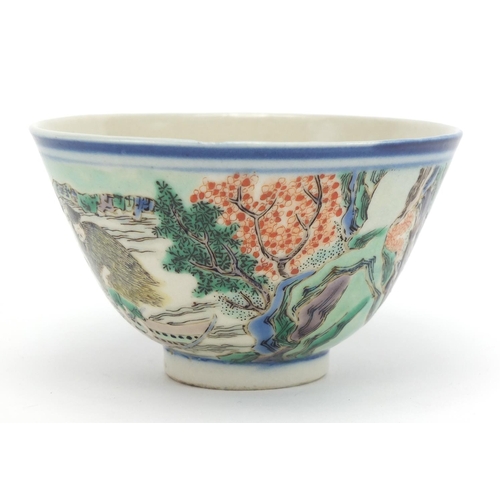 291 - Chinese porcelain footed bowl, hand painted in the famille verte palette with a man being pulled by ... 