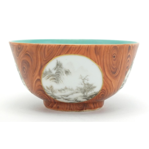 282 - Chinese porcelain bowl hand painted with four panels each depicting a river landscape, six figure ir... 