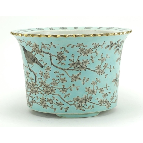 311 - Chinese porcelain turquoise ground three footed planter hand panted with flowers, four figure iron r... 