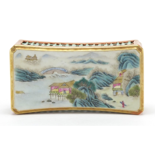 272 - Chinese porcelain wrist rest, hand painted in the famille rose palette with a river landscape, six f... 