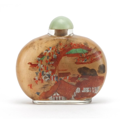 400 - Oversized Chinese glass snuff bottle, internally hand painted with figures crossing a bridge over wa... 