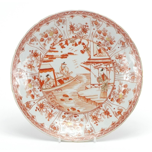 286 - Chinese porcelain shallow dish, hand painted in iron red with figures and flowers, 21.5cm in diamete... 