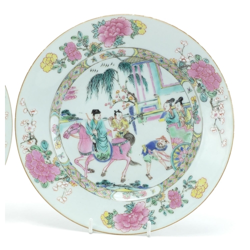 279 - Pair of Chinese porcelain plates, each hand painted in the famille rose palette with figures and hor... 