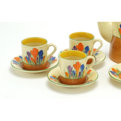 523 - Clarice Cliff Bizarre coffee service hand painted in Crocus pattern, coffee pot 19cm high