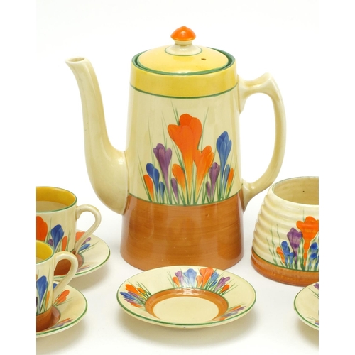 523 - Clarice Cliff Bizarre coffee service hand painted in Crocus pattern, coffee pot 19cm high