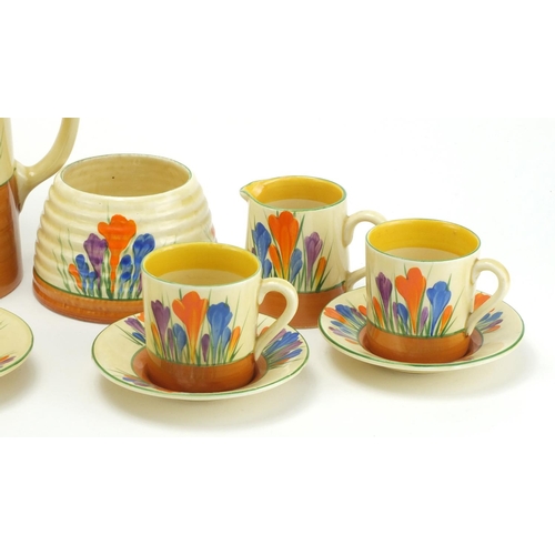 523 - Clarice Cliff Bizarre coffee service hand painted in Crocus pattern, coffee pot 19cm high