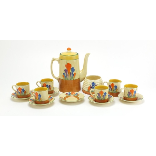 523 - Clarice Cliff Bizarre coffee service hand painted in Crocus pattern, coffee pot 19cm high