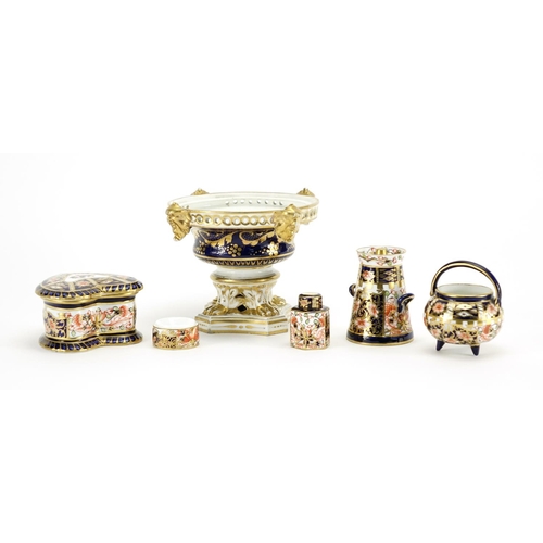 508 - Derby porcelain including Imari pattern love heart trinket box and cover, miniature milk churn, hexa... 