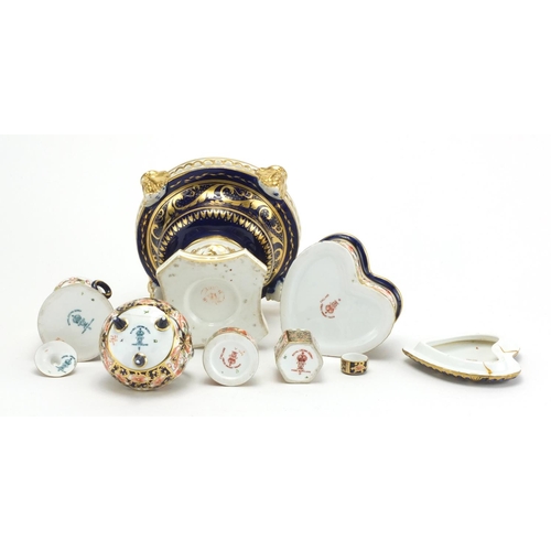 508 - Derby porcelain including Imari pattern love heart trinket box and cover, miniature milk churn, hexa... 