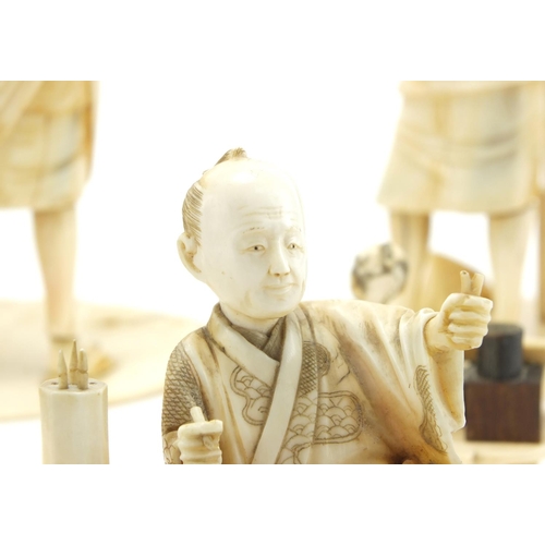 406 - Japanese carved ivory okimono's including a man holding a fan and a fisherman, some with character m... 