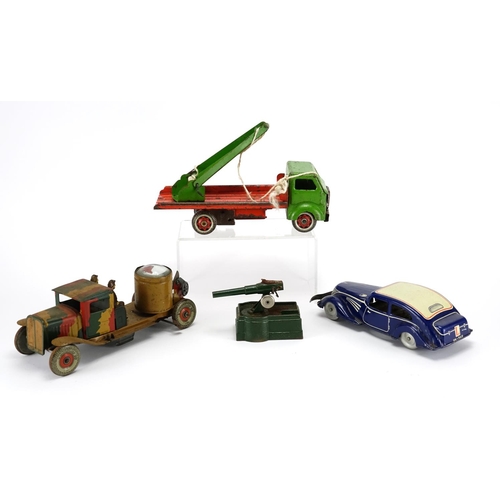 133 - Three vintage tin plate vehicles and an Astra fort gun with box, the vehicles including an army truc... 