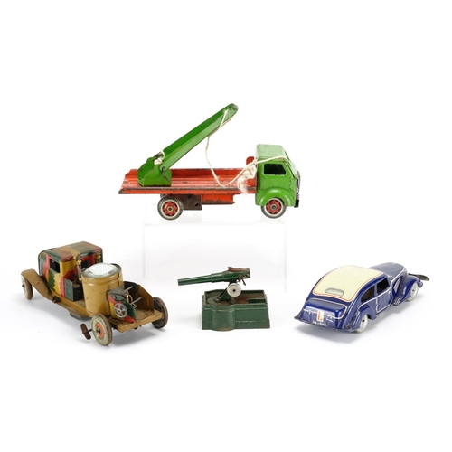 133 - Three vintage tin plate vehicles and an Astra fort gun with box, the vehicles including an army truc... 