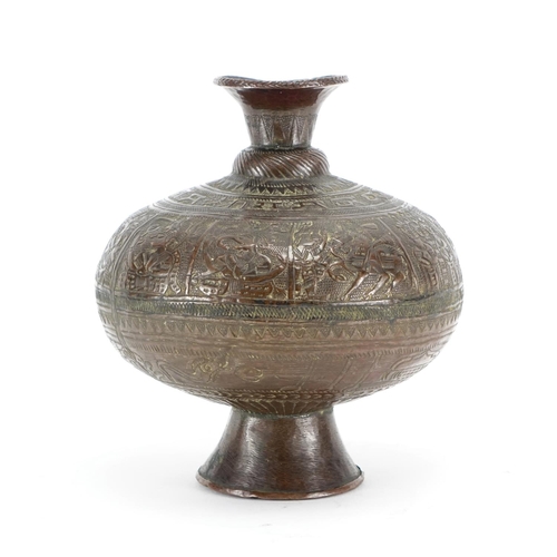 466A - Middle Eastern bronze vase possibly Tibetan, incised and decorated in low relief with mythical figur... 