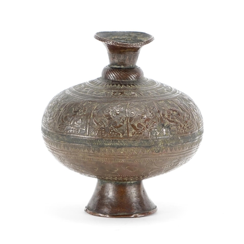 466A - Middle Eastern bronze vase possibly Tibetan, incised and decorated in low relief with mythical figur... 