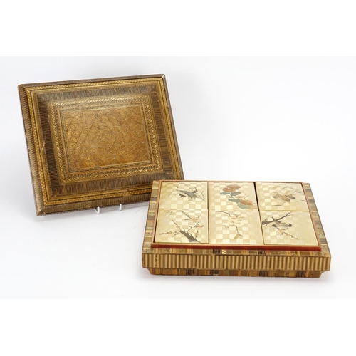 378 - 19th century Japanese straw work box, the rectangular lift off lid with geometric designs enclosing ... 