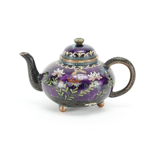 375 - Chinese copper and cloisonné teapot enamelled with butterflies amongst flowers, 7.5cm high