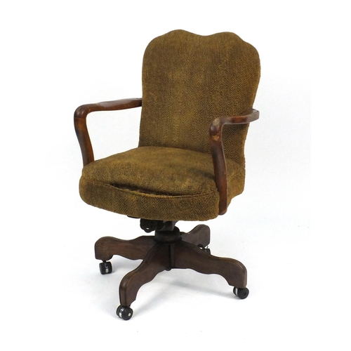 38 - Walnut framed captain's chair with beige upholstery, 92cm high