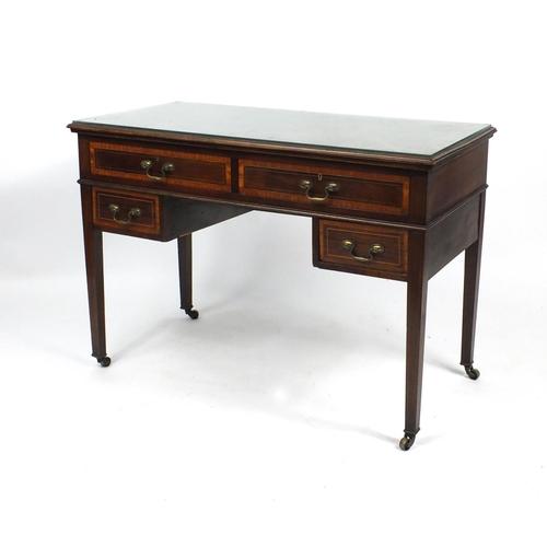 9 - Edwardian inlaid mahogany writing desk, fitted with four drawers raised on tapering legs, 75cm H x 1... 
