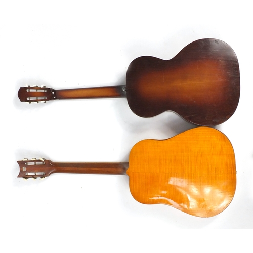 146 - Two vintage inlaid six string acoustic guitars, the largest 99cm high