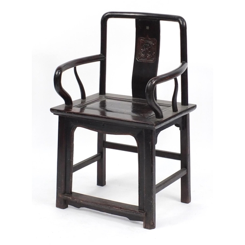 2049 - Chinese carved hardwood yoke bake chair, 100cm high