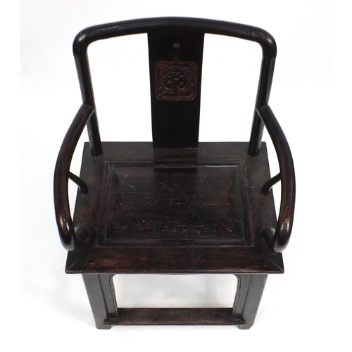2049 - Chinese carved hardwood yoke bake chair, 100cm high