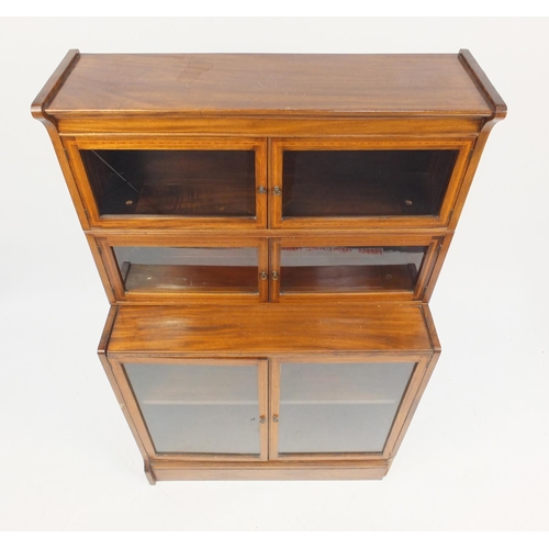 2013 - Inlaid mahogany three section stacking bookcase with glazed doors, 142cm H x 88cm W x 38cm D