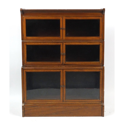 2025 - Inlaid mahogany three section stacking bookcase with glazed doors, 115cm H x 88cm W x 32cm D