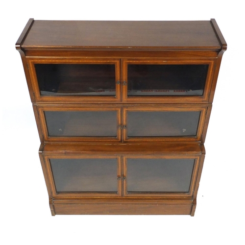 2025 - Inlaid mahogany three section stacking bookcase with glazed doors, 115cm H x 88cm W x 32cm D